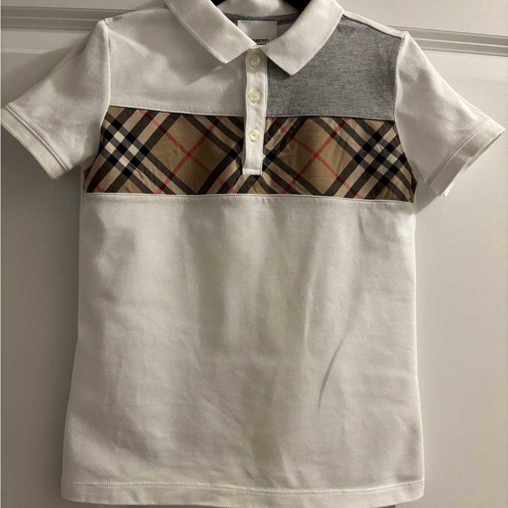 Kids Authentic Burberry White Polo Shirt with Plaid Accent